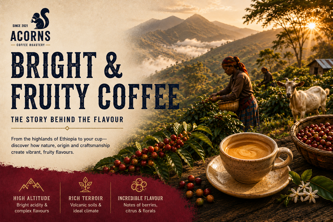 Bright and fruity coffee blog, image of Ethiopian misty mountain scene with farmer and goats. A luxurious espresso sits in the front with information about the blog post this image introduces