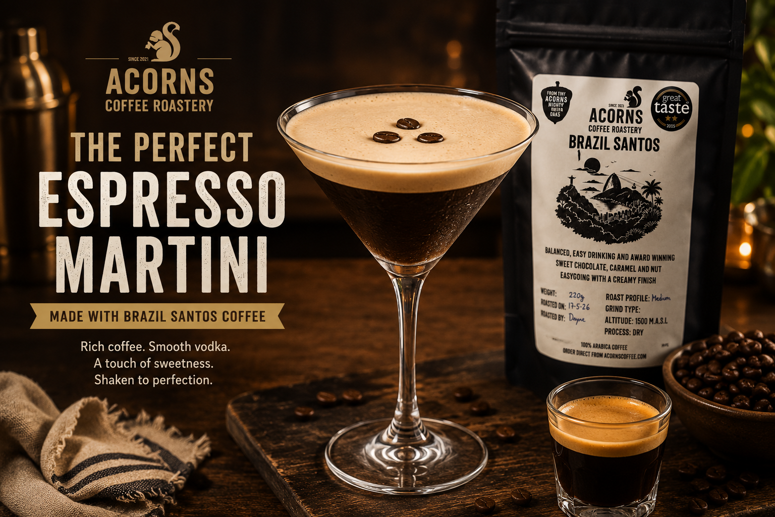 Espresso martini with Acorns Coffee Roastery branding on a dark background
