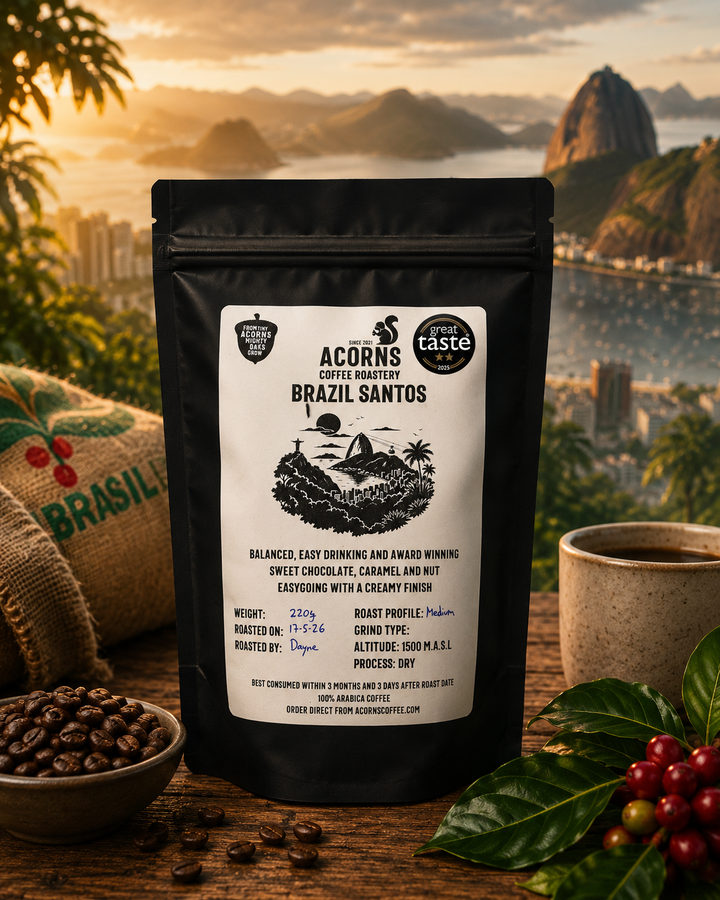 acorns coffee Brazil Santos packaging of coffee beans with the background of the santos port in Brazil
