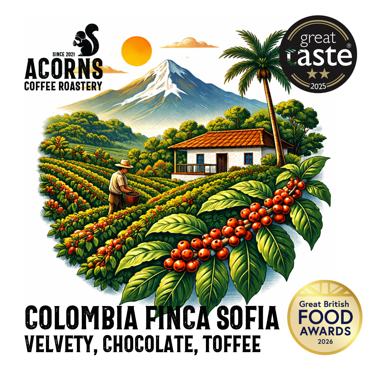 A stylized coffee roastery and farm illustration on a white background. The artwork shows rows of red coffee cherries, a worker, a small house, a palm tree, a mountain, and a bright sun.