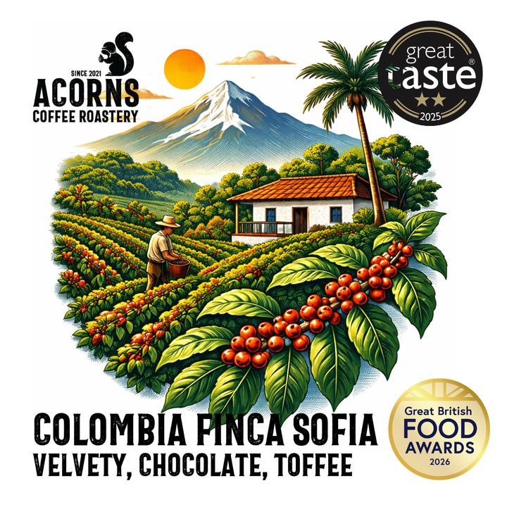 A stylized coffee roastery and farm illustration on a white background. The artwork shows rows of red coffee cherries, a worker, a small house, a palm tree, a mountain, and a bright sun.
