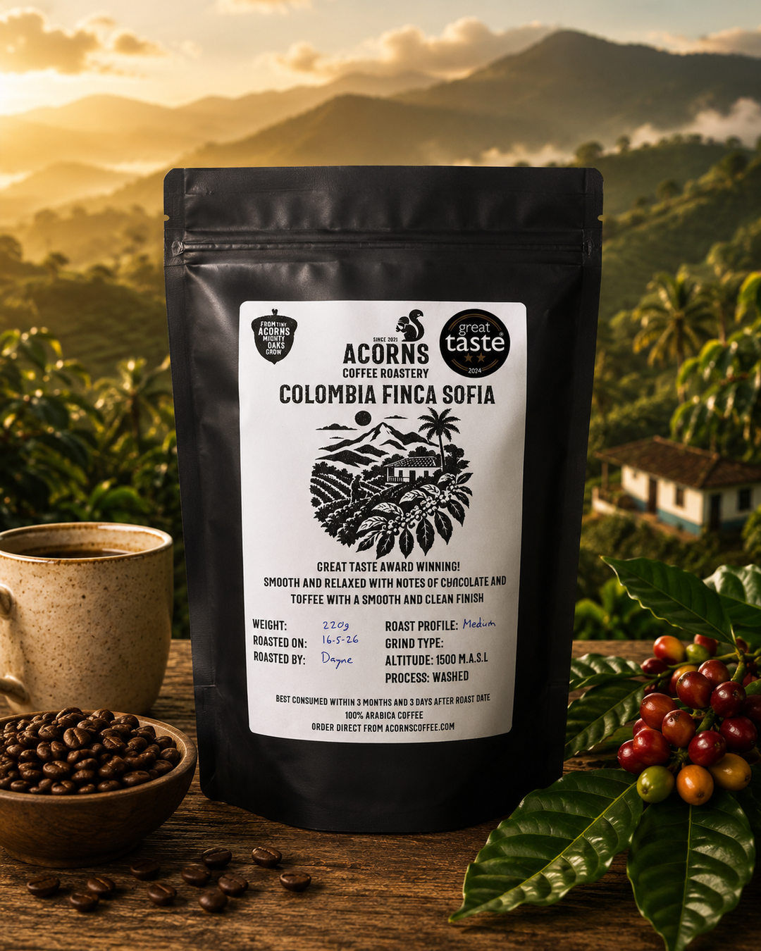 Acorns Coffee Roasters Colombia Finca Sofia coffee package with a scenic background