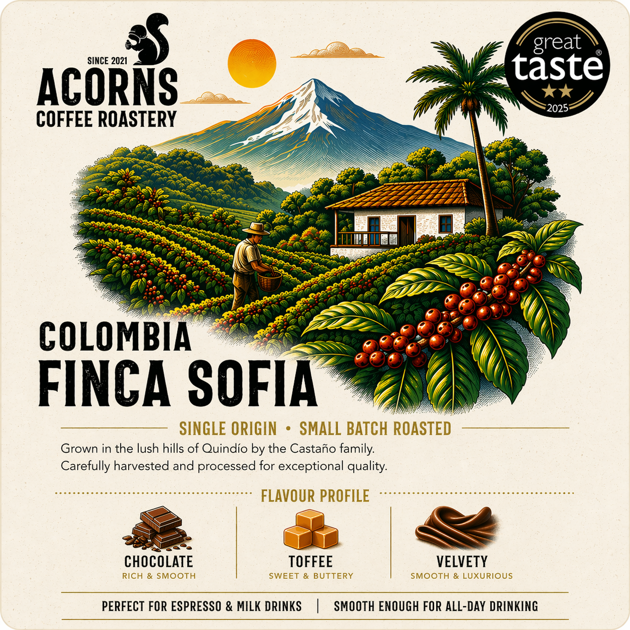 Acorns coffee Colombia finca Sofia award winning coffee beans from Bordon chocolate and smooth
