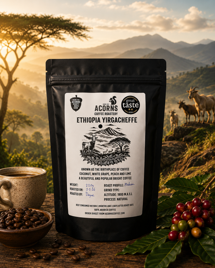 Acorns Coffee Roasters Ethiopia Yirgacheffe coffee package with a scenic Ethiopian background highlighting the goats that founded coffee with Kaldi