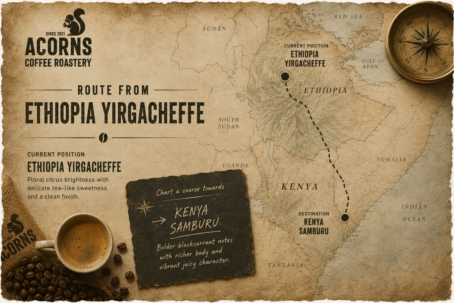 Map of Ethiopia with Acorns Coffee Roastery branding and coffee beans.