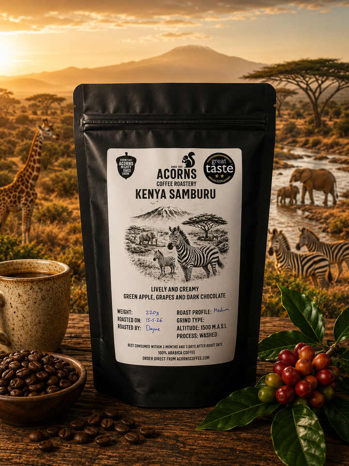 Acorns Coffee Roastery Kenya Samburu coffee package with a scenic background of animals and nature.