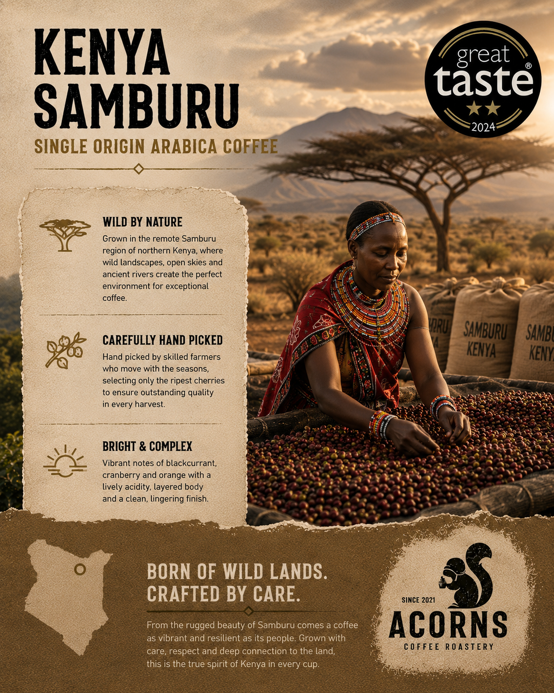 Kenya Samburu coffee with a farmer sorting fresh coffee beans and information about the coffee&