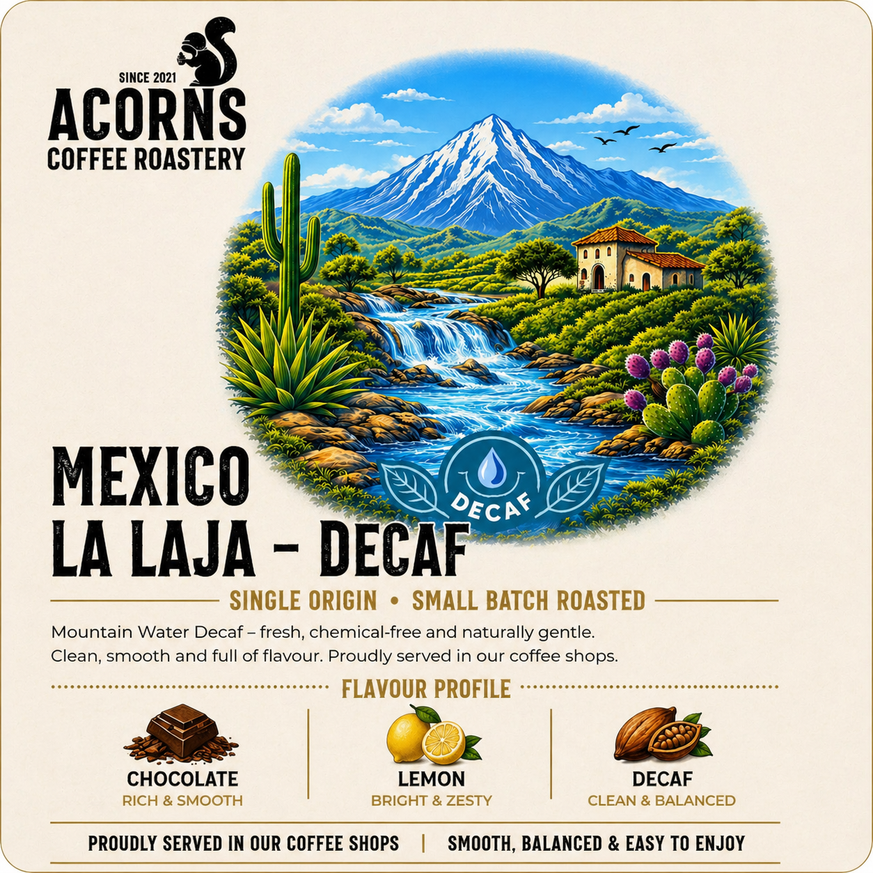 acorns coffee Mexico finca la laja decaf coffee beans chocolate lemon and smooth roasted in Bordon Hampshire UK