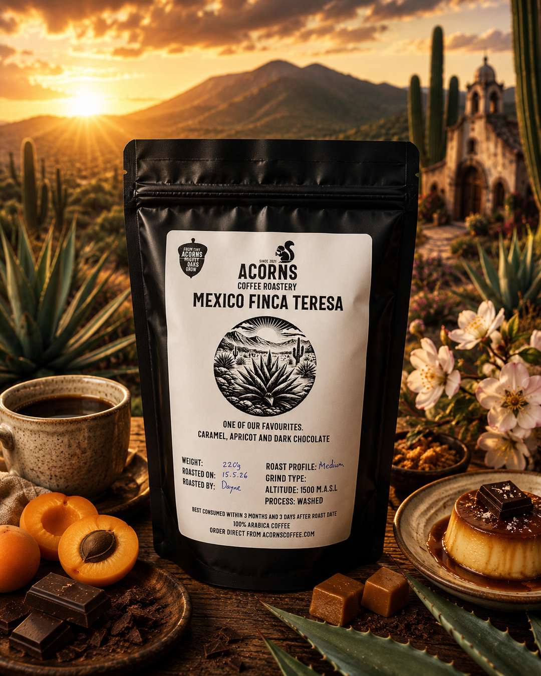 Acorns coffee Mexico Finca Teresa package with a scenic background of mountains and cacti.