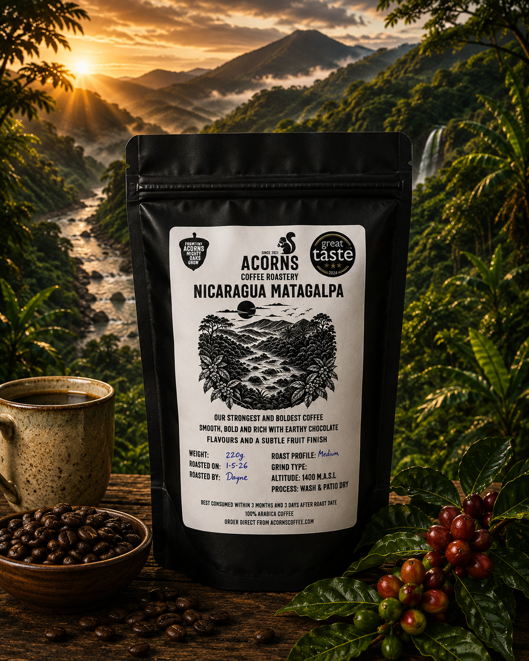 Acorns Coffee Nicaragua Matagalpa package with a scenic background of mountains and sunrise.