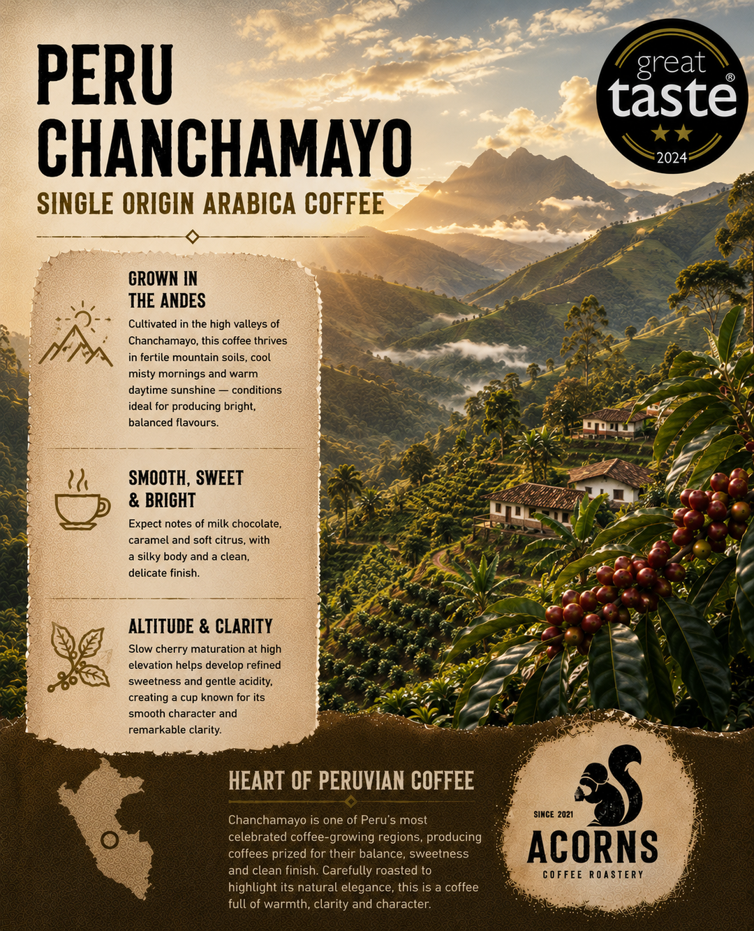 Peruvian coffee by Acorns Coffee, award winning roastery with scenic mountain landscape of Peru and explainer on why the coffee tastes smooth and bright