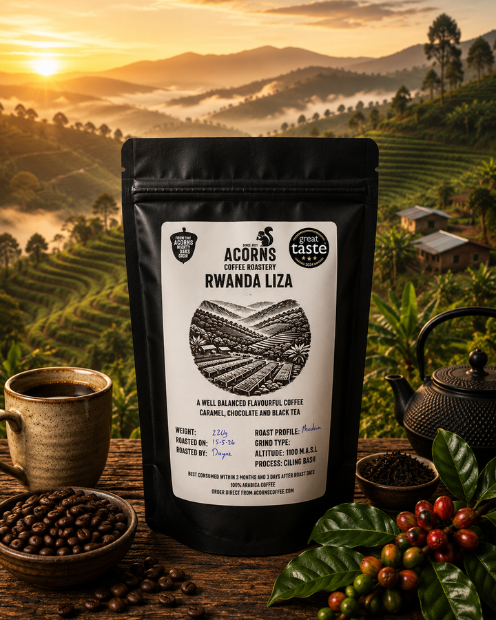 Acorns Coffee Roasters Rwanda Liza coffee package with a scenic Rwanda land of  a thousand hills background