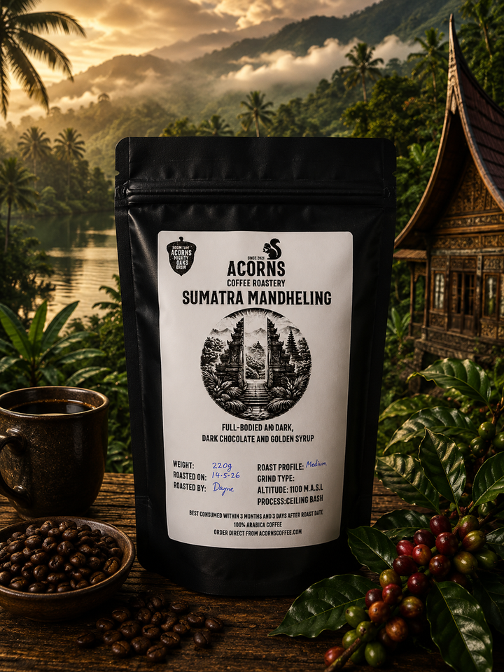 Acorns coffee Sumatra coffee packaging in a Sumatran paradise setting