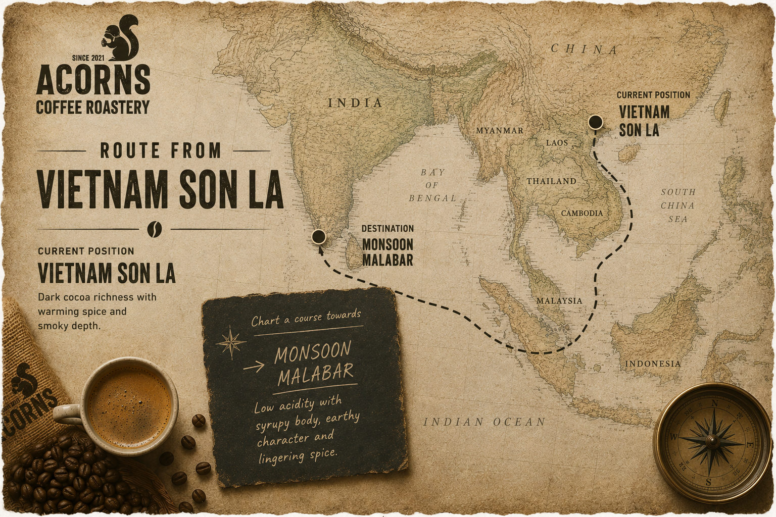 Map of Vietnam with Acorns Coffee Roastery branding and coffee-related graphics.