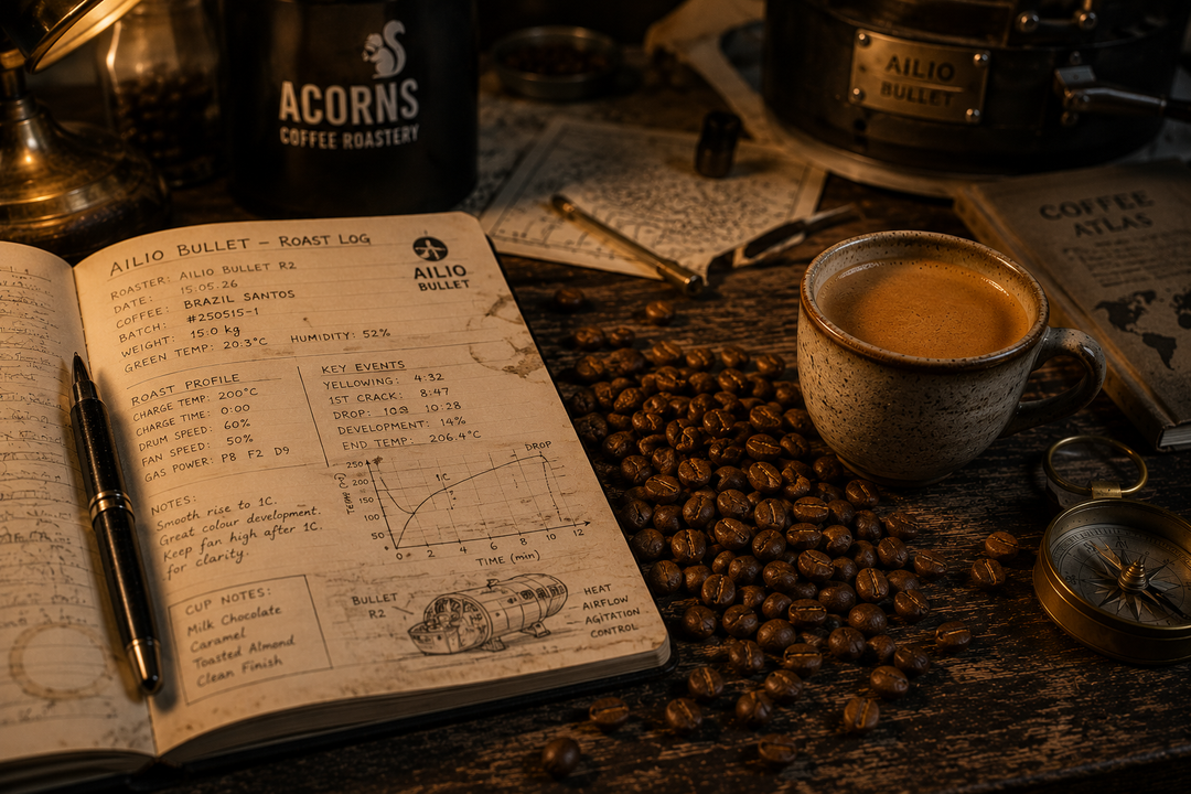 Open notebook with coffee beans, a cup of coffee, and Acorns Coffee Roastery mug on a wooden surface. Rustic with details of the Ailio Bulle Roaster.