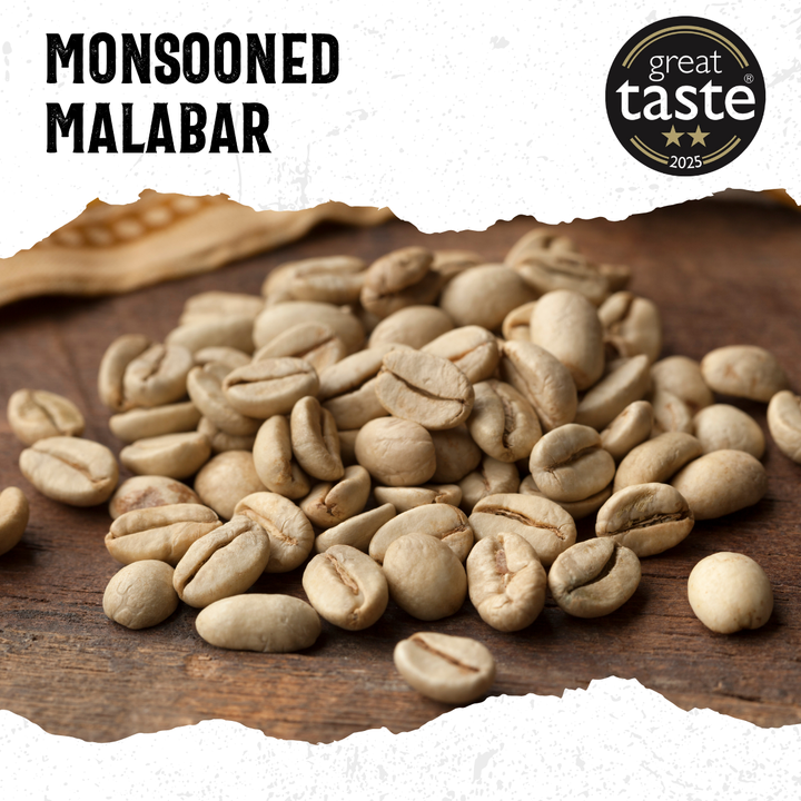 Monsooned Malabar green coffee beans on a wooden surface with &