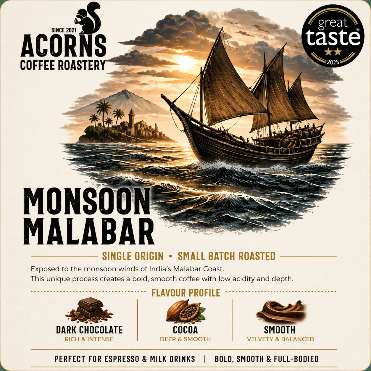 Acorns Coffee Roastery Monsoon Malabar coffee smooth and bold flavours that are dark chocolate and cocoa
