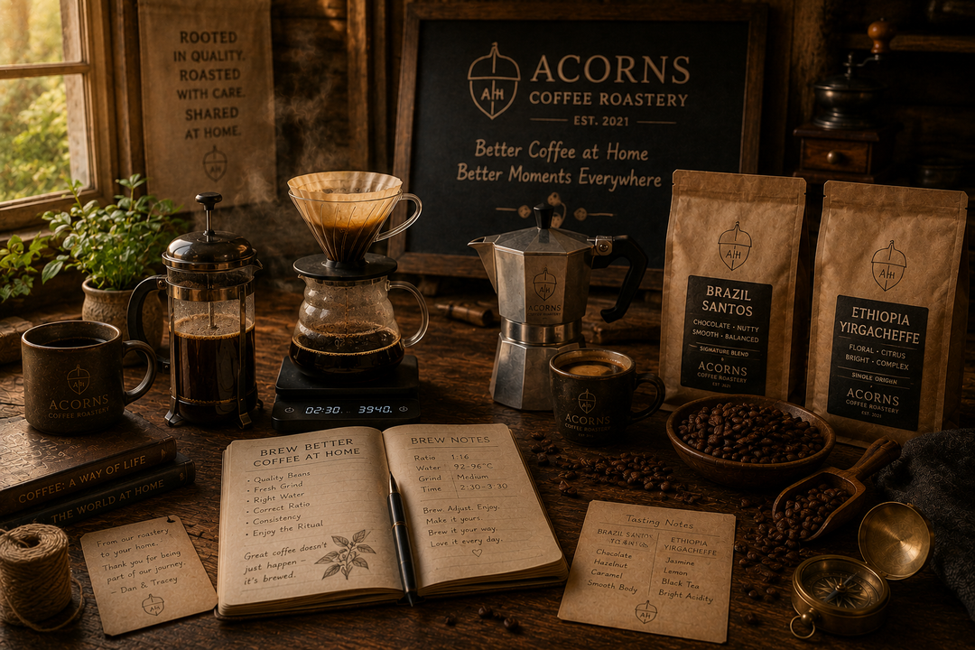 Coffee-making setup with Acorns Coffee Roastery branding on a rustic wooden table.