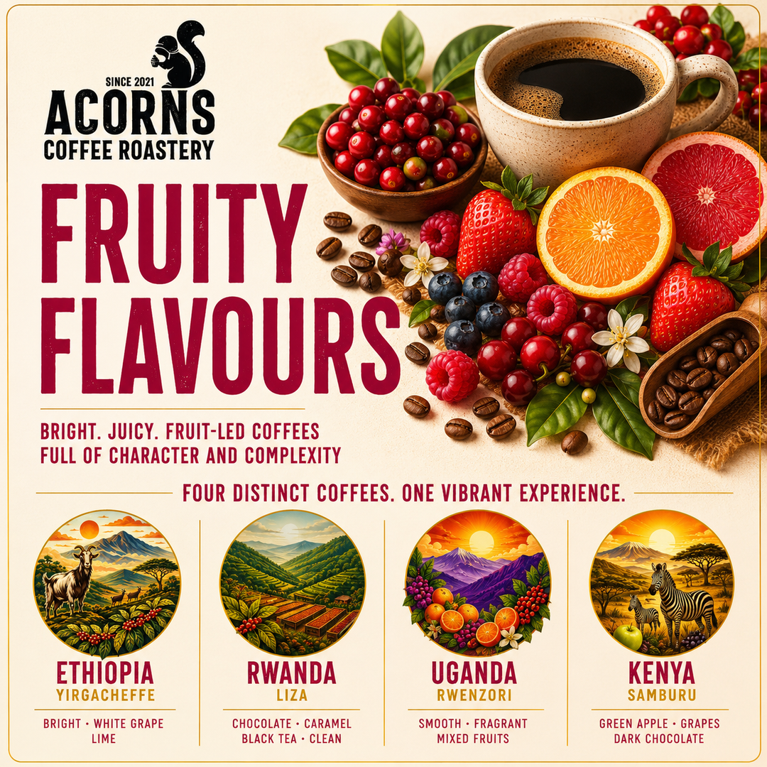 acorns coffee fruity flavour coffee bean bundle Ethiopia Rwanda Uganda Kenya 