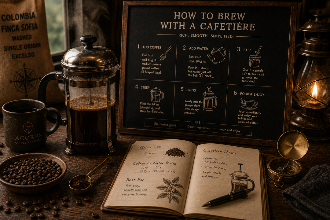 Coffee brewing guide with cafétière, coffee beans, and a notebook on a wooden table.
