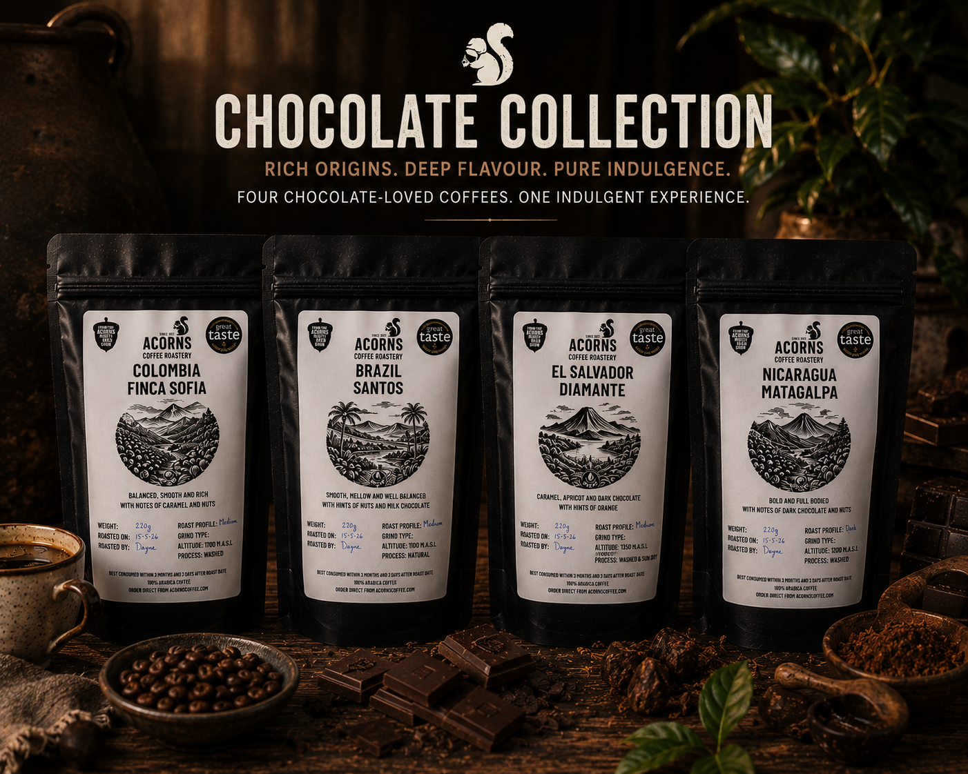Four coffee bags from Acorns Coffee on a dark background with 'Chocolate Collection' branding.