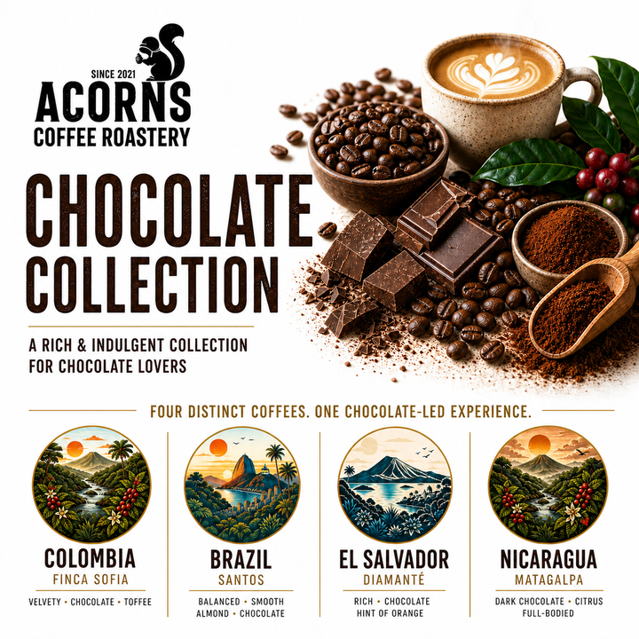 A collection of our favourite chocolate and nutty coffee beans by Acorns Coffee