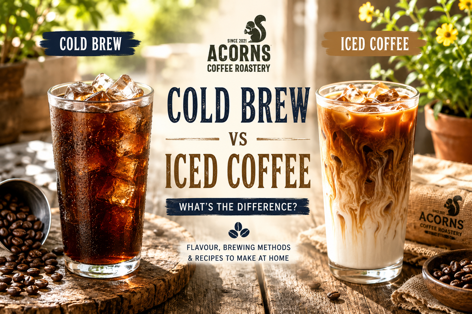 A rustic and bright image of a frosty cold brew coffee against a milky, creamy iced coffee made by Acorns Coffee