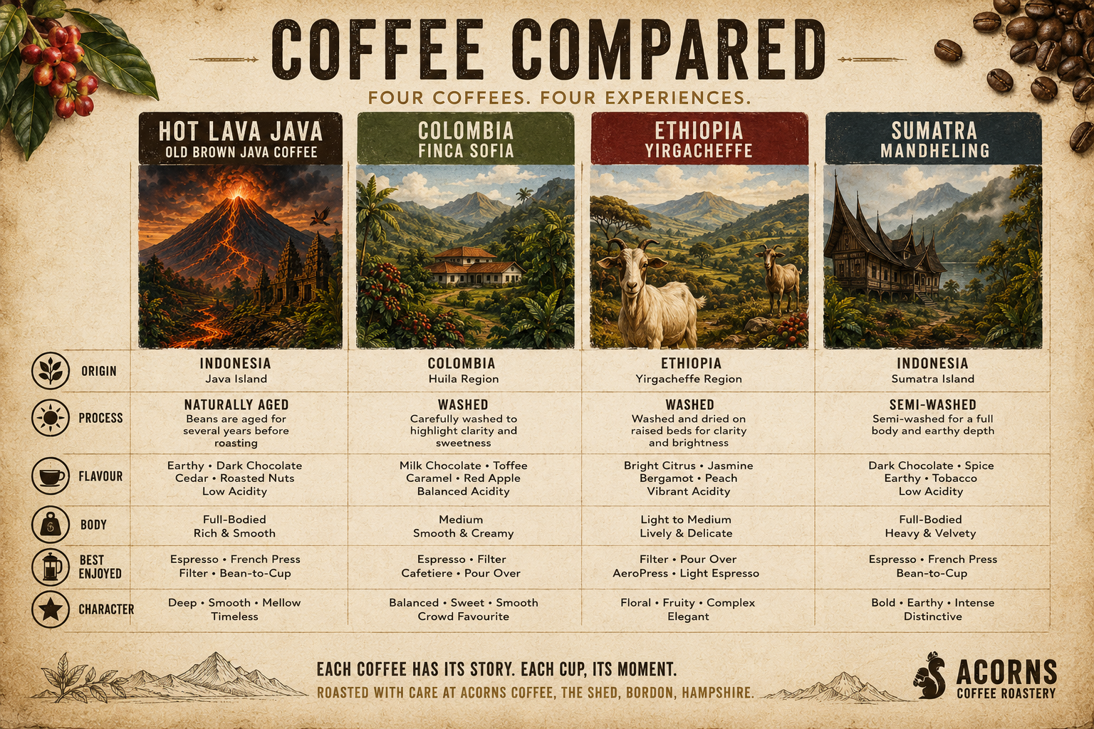 An infographic poster titled 'COFFEE COMPARED' with four coffee cup illustrations and text comparing hot lava java, colombia finca solia, ethiopia yirgacheffe, and sumatra mandeling. The design has a vintage parchment background with coffee beans, a coffee bean graphic, and the Acorns Coffee Haul logo at the bottom.