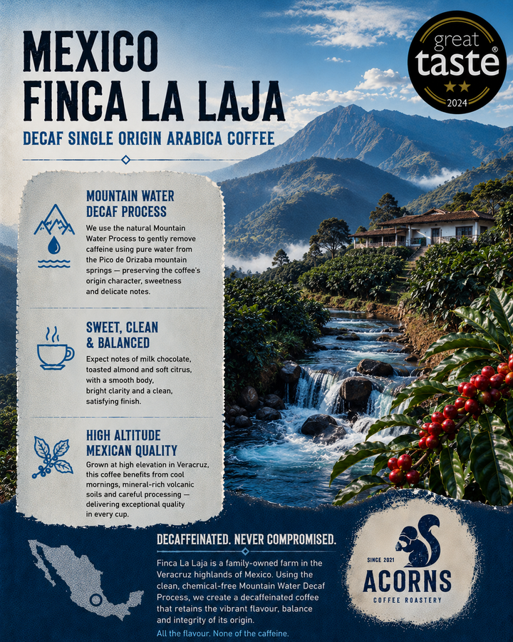 mountain water decaf coffee from Mexico roasted by Acorns coffee in Bordon UK