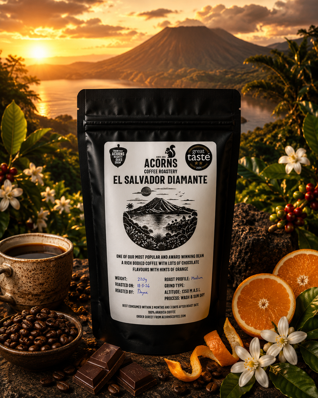 Acorns Coffee Roastery El Salvador Diamante coffee package with a scenic background