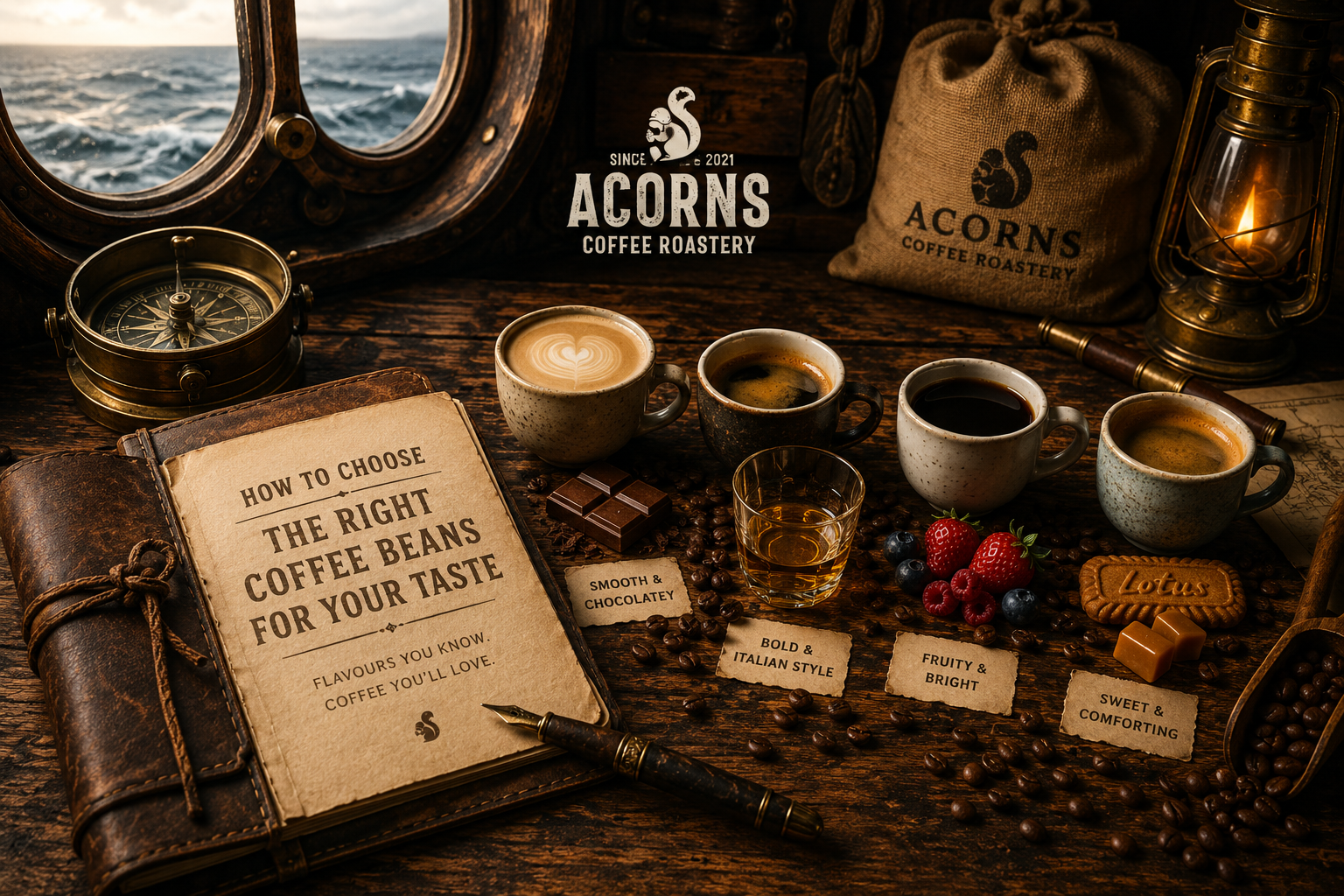 Coffee-themed setup with cups, coffee beans, and 'Acorns Coffee Roastery' branding.