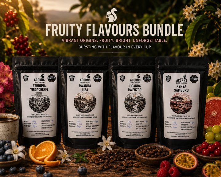 Four coffee packages labeled &