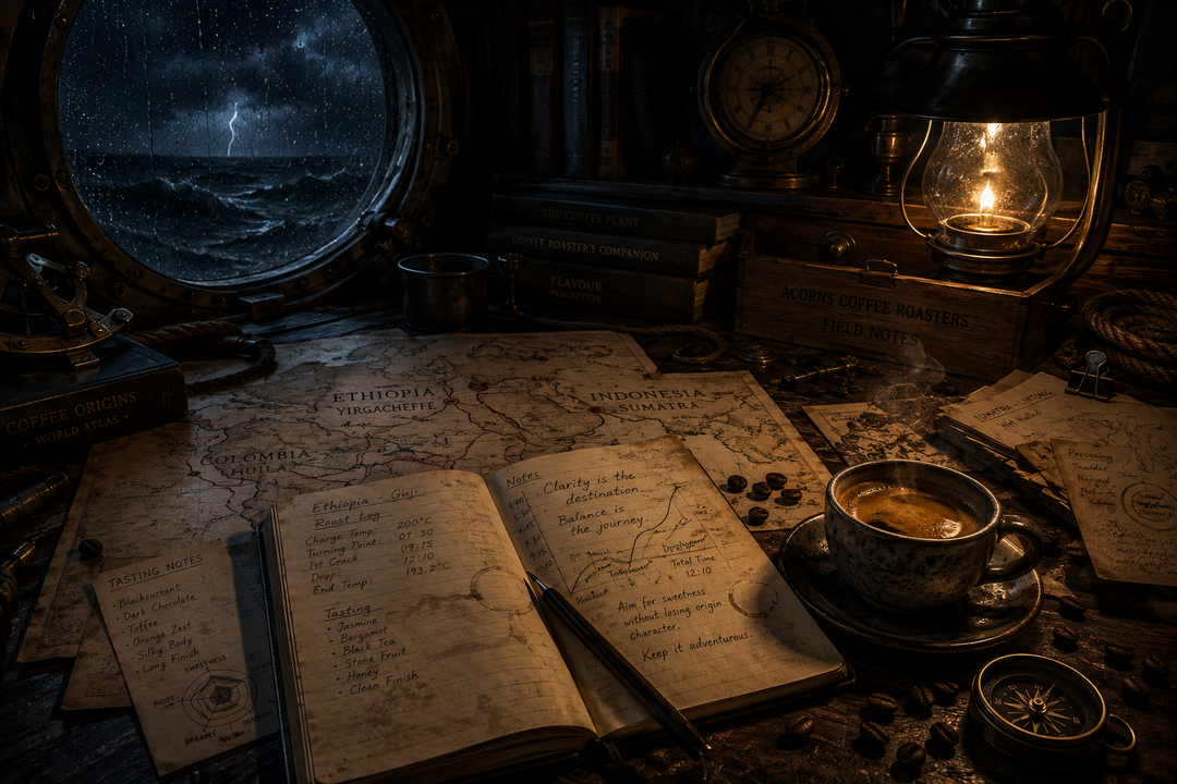 Nautical scene with a map, notebook, and cup of coffee on a desk under a stormy sky.