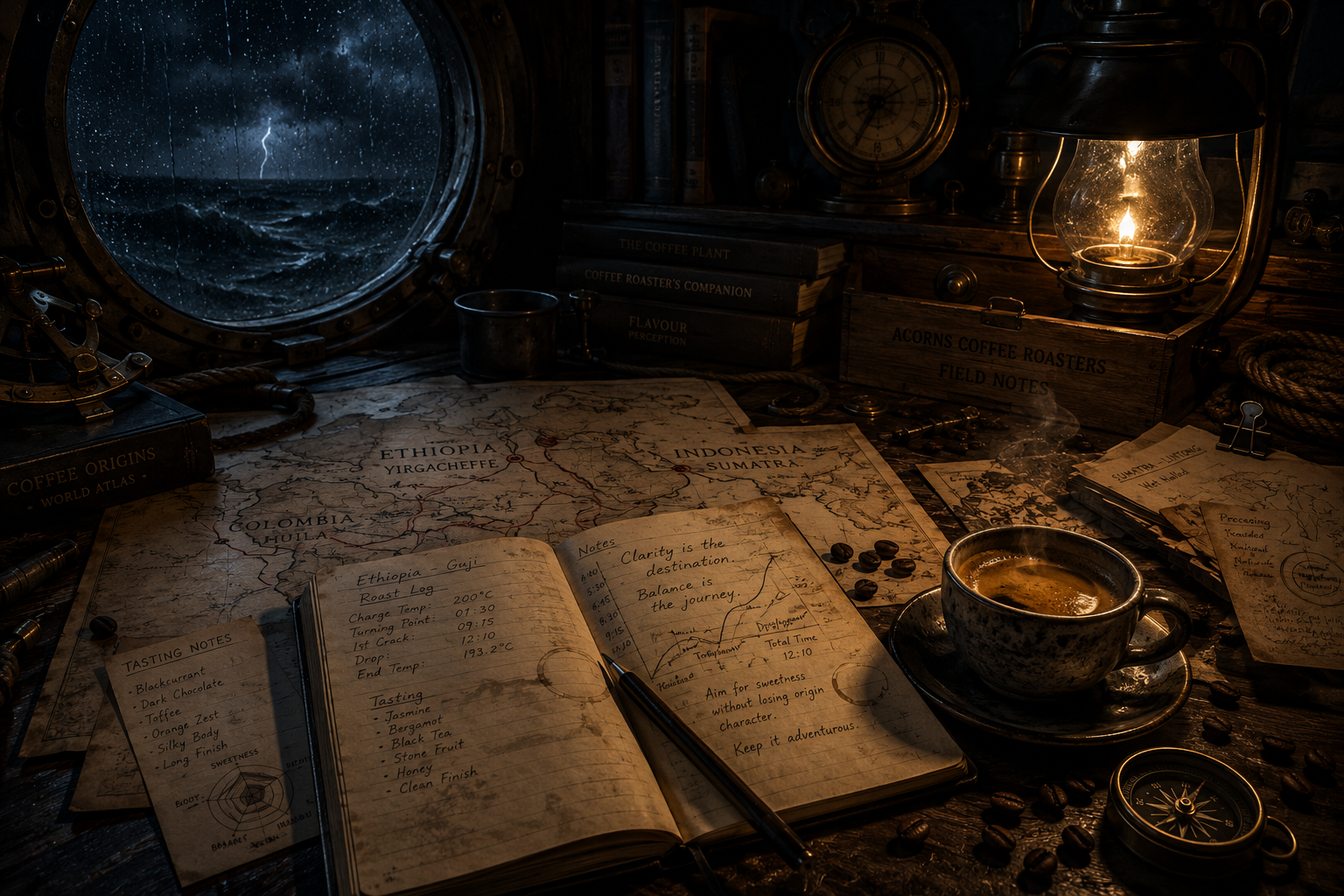Nautical scene with a map, notebook, and cup of coffee on a desk under a stormy sky.