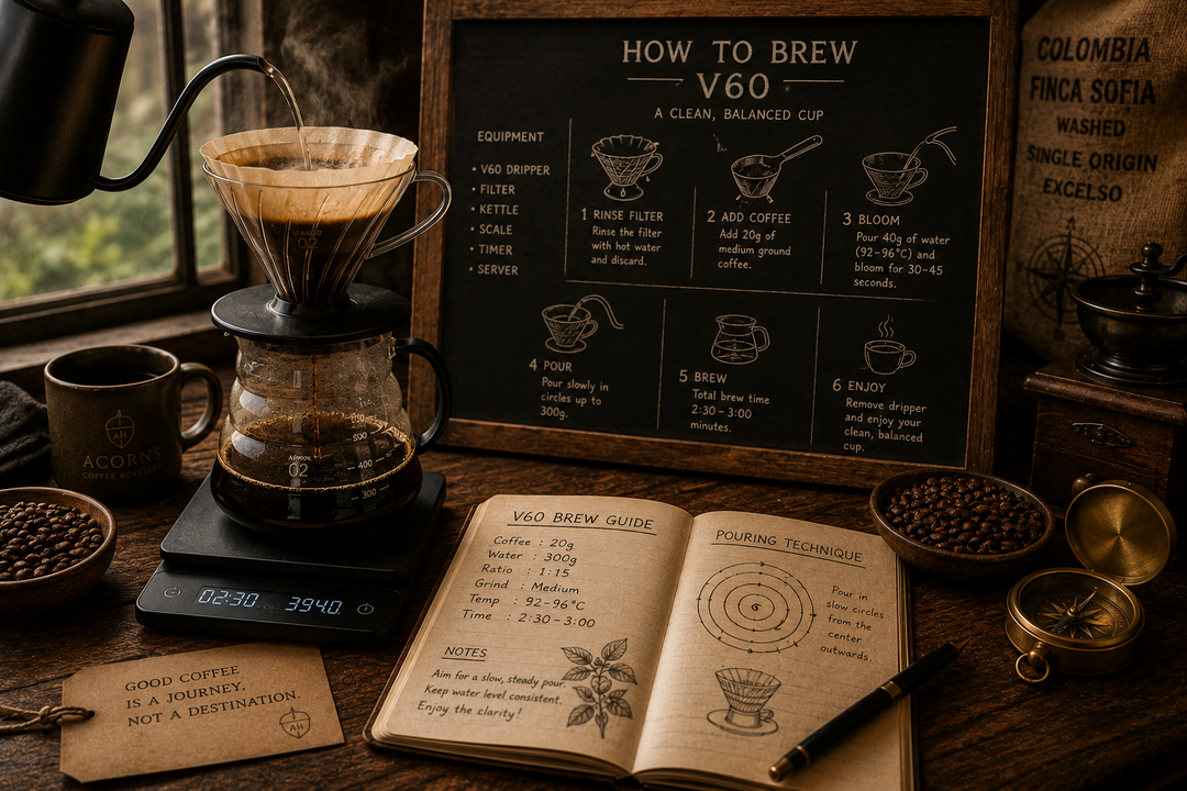 Coffee v60 brewing setup with a coffee maker, coffee beans, and a guide on a wooden table.