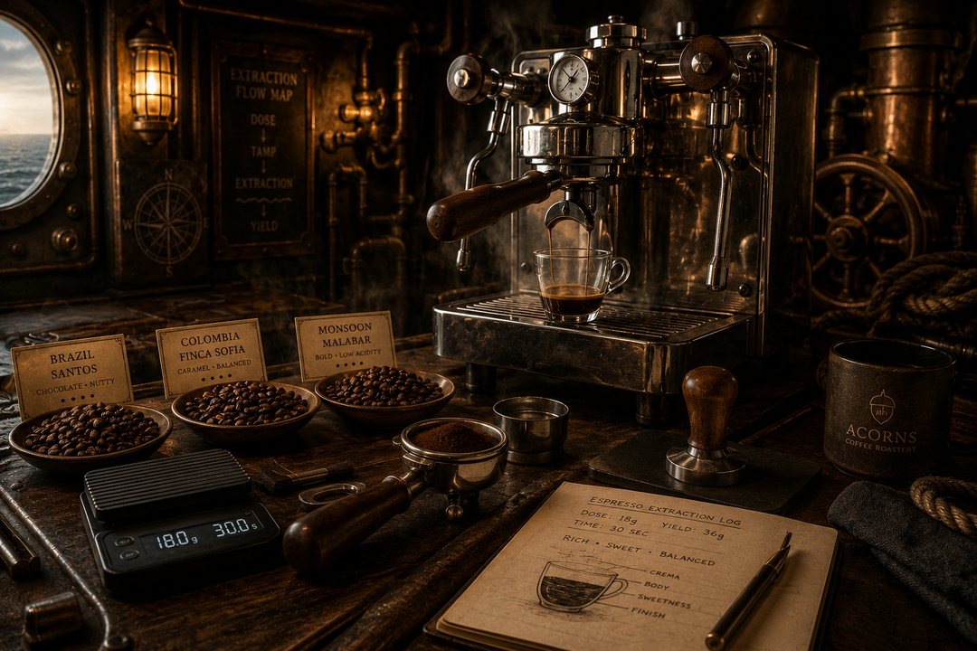 Vintage espresso machine on a wooden counter with coffee beans and notes.