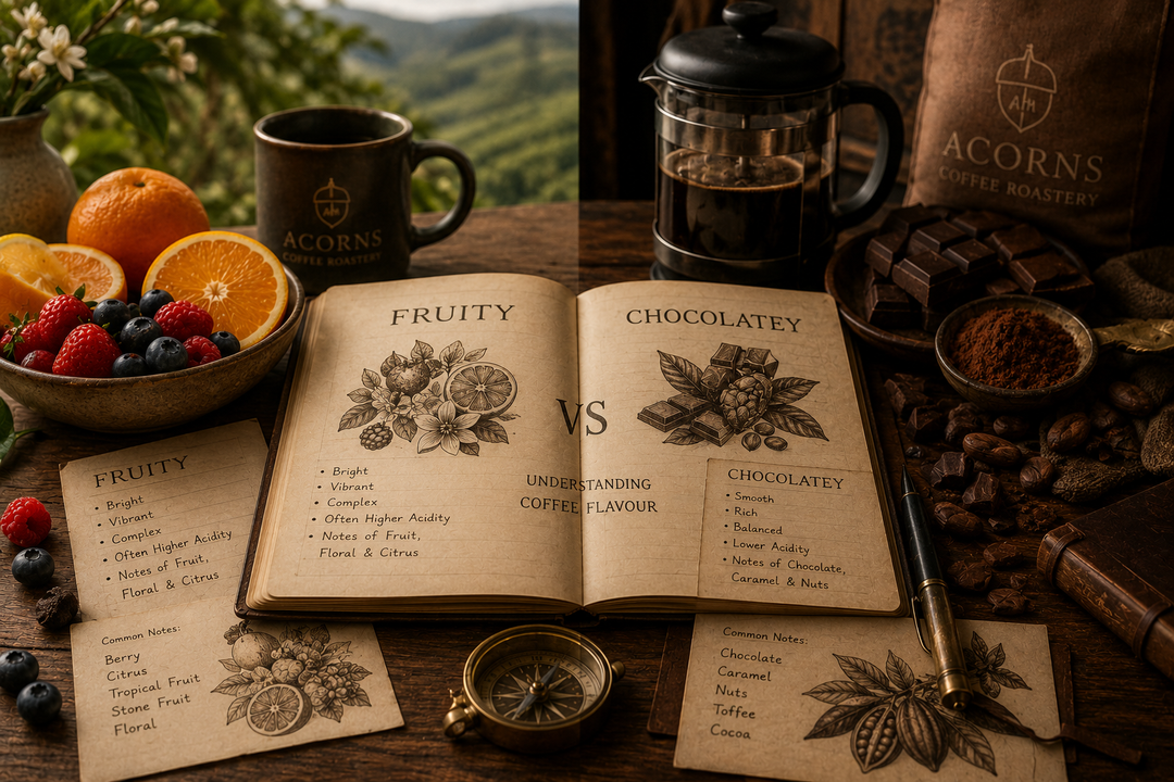 A guide of fruity and chocolatey coffee on a wooden desk with fruits and cocoa