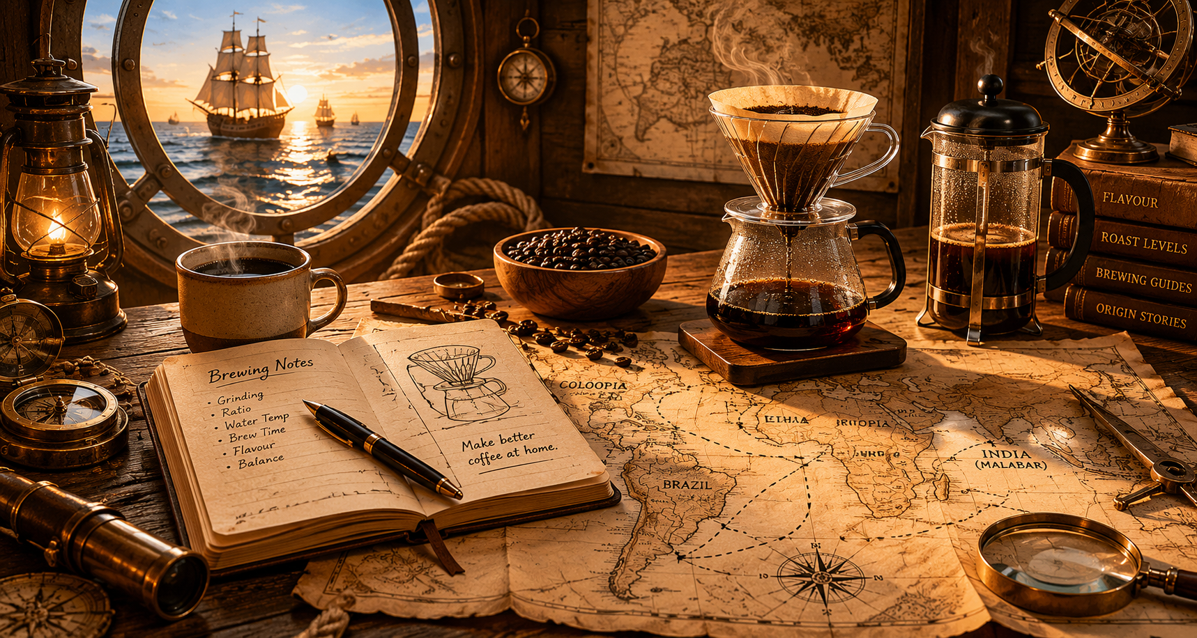 Vintage-style coffee setup with a ship at sea through a porthole, coffee beans, and a coffee maker on a map.