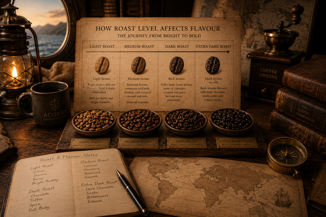 Display of coffee beans and a chart on a wooden surface with a world map and lantern.