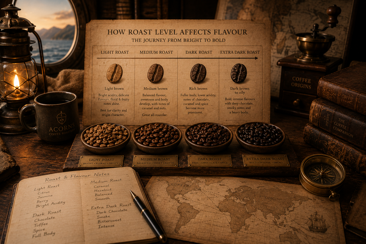 Display of coffee beans and a chart on a wooden surface with a world map and lantern.