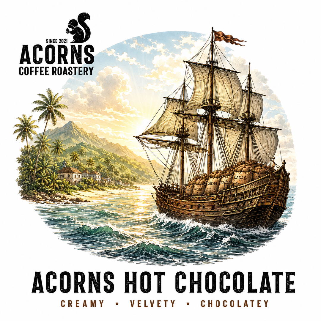 Acorns Coffee Roastery advertisement with a ship and tropical island, featuring Acorns Hot Chocolate.