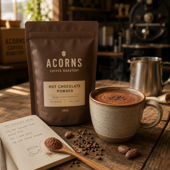 Acorns Coffee Roastery hot chocolate powder package with a mug of hot chocolate on a wooden table.