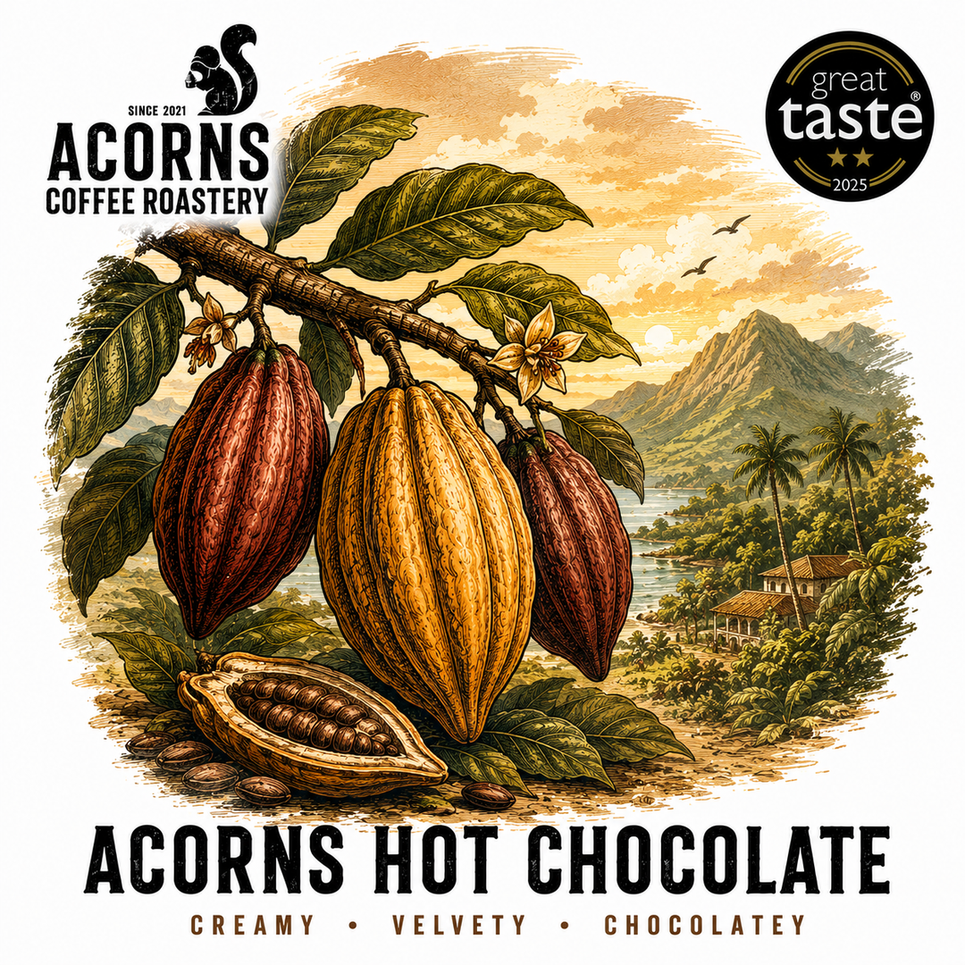 Acorns Coffee Roastery hot chocolate label with cocoa beans and a scenic background