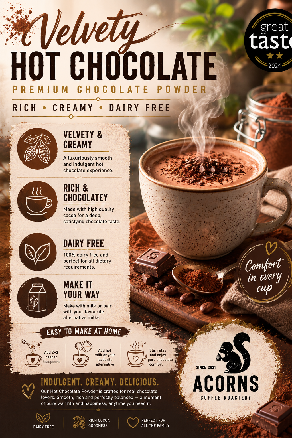 Advertisement for Acorns Coffee Roastery Velvety Hot Chocolate with a steaming cup of hot chocolate.