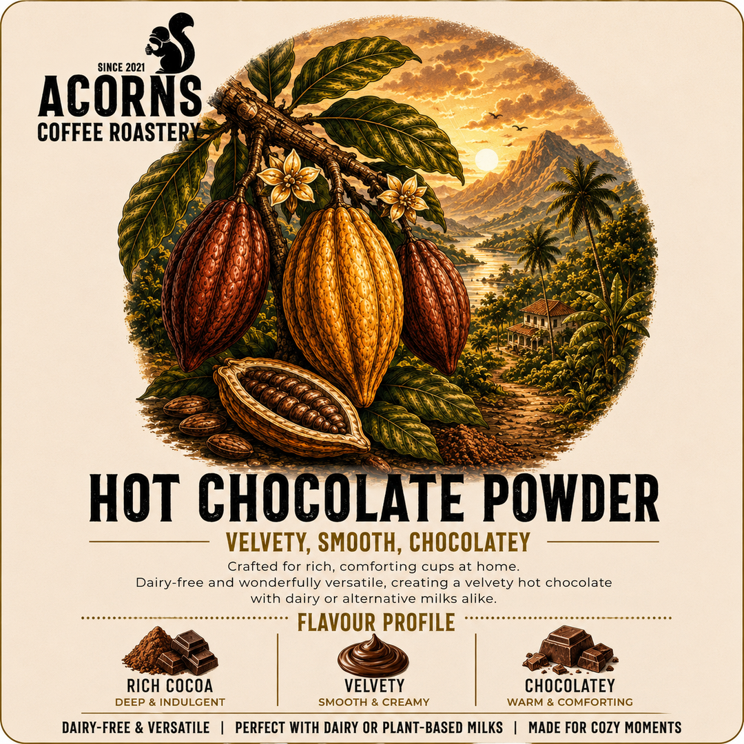 Acorns coffee hot chocolate powder infographic tile detailing its rich velvety and chocolate flavour