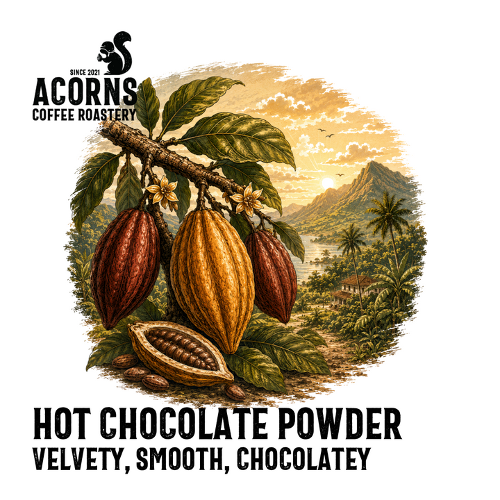Advertisement for Acorns Coffee Roastery hot chocolate powder with cocoa beans and scenic background.