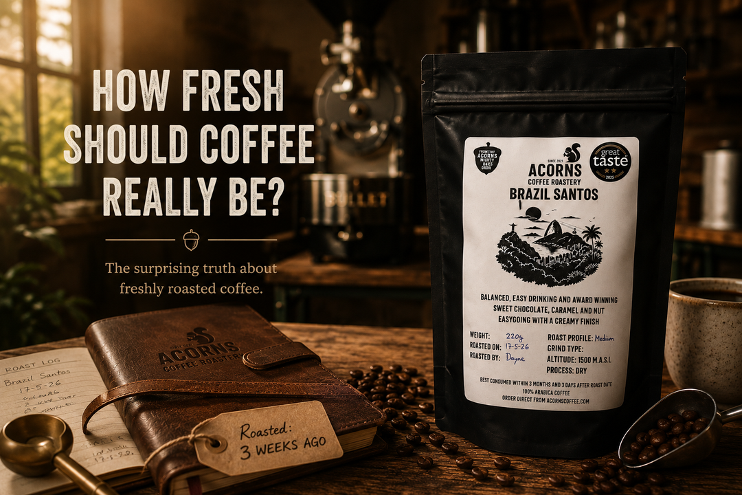 Coffee bag with label and text 'How Fresh Should Coffee Really Be?' in a coffee shop setting.