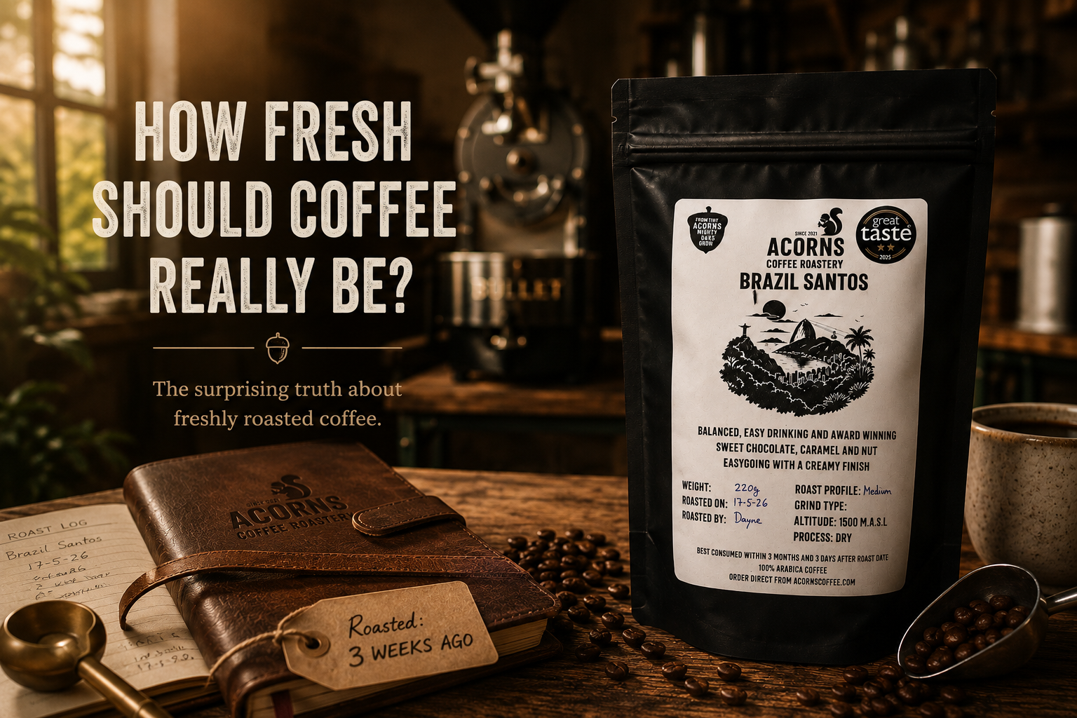 Coffee bag with label and text 'How Fresh Should Coffee Really Be?' in a coffee shop setting.