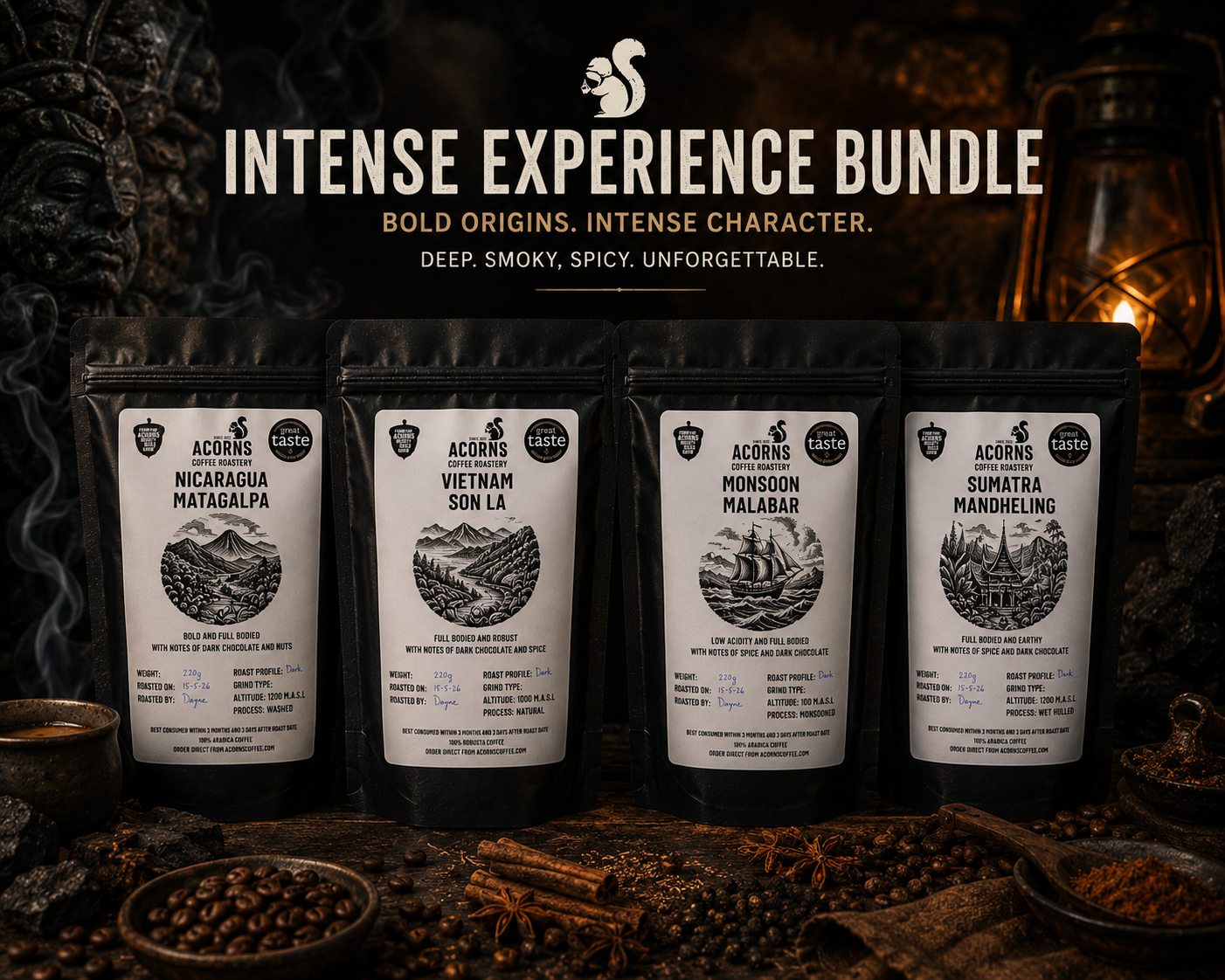 Four coffee packages in the intense experience bundle on a dark background, featuring the brand 'Acorns'.