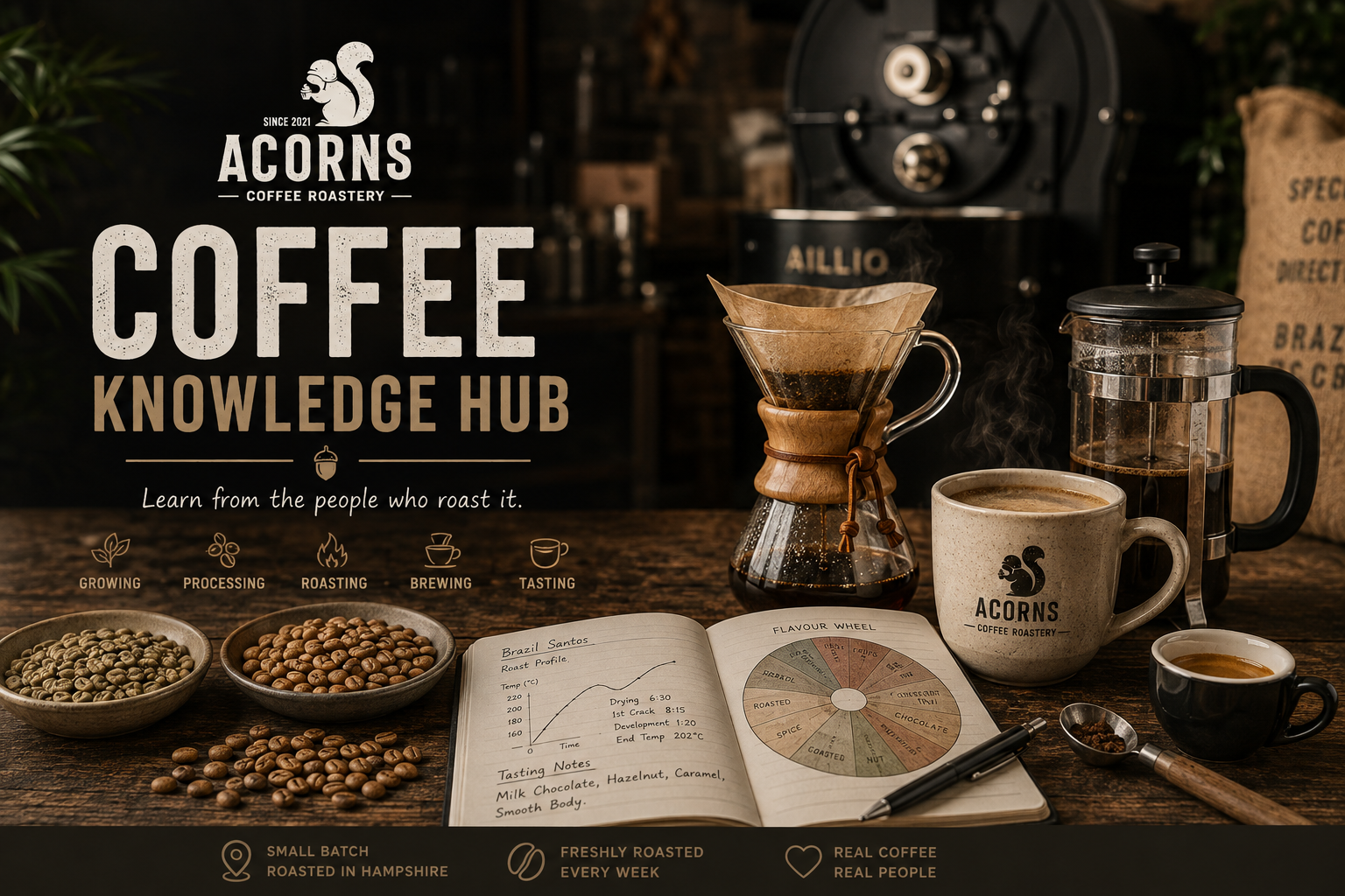 A coffee roasting and serving setup on a rustic wooden table, featuring a ceramic mug with the Acorns logo, a pour-over coffee maker, a French press, bowls of coffee beans, an open notebook with handwritten notes, and a coffee bean bag. Large text on the left reads 'ACORNS COFFEE ROASTERY' and 'COFFEE KNOWLEDGE HUB'.